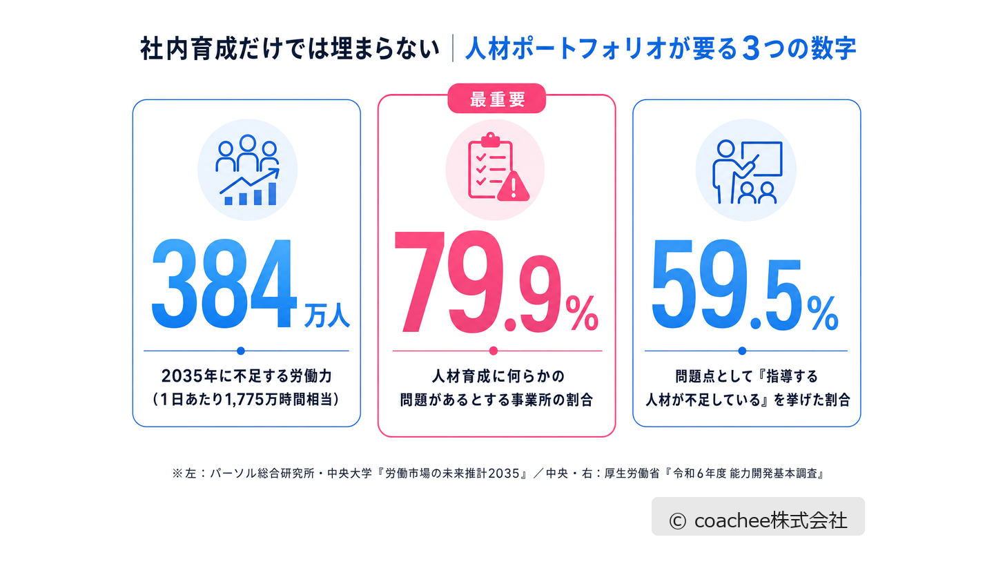 人材ポートフォリオが注目される背景を示す3つの数値（2035年の労働力不足384万人、人材育成に問題ありの事業所79.9%、指導する人材の不足59.5%）