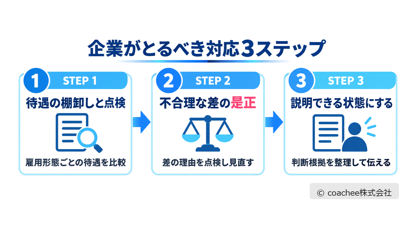 同一労働同一賃金への対応を棚卸し・点検→不合理な差の是正→説明できる状態の3ステップで示したフロー図