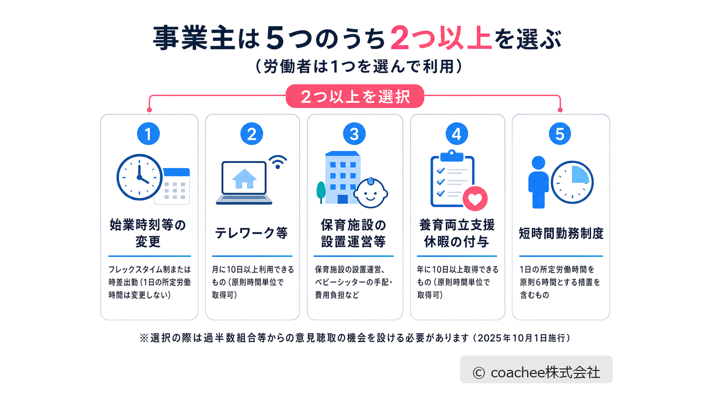 柔軟な働き方を実現するための措置の5つの選択肢。始業時刻等の変更・テレワーク等・保育施設の設置運営等・養育両立支援休暇・短時間勤務制度から2つ以上を選ぶことを示した図